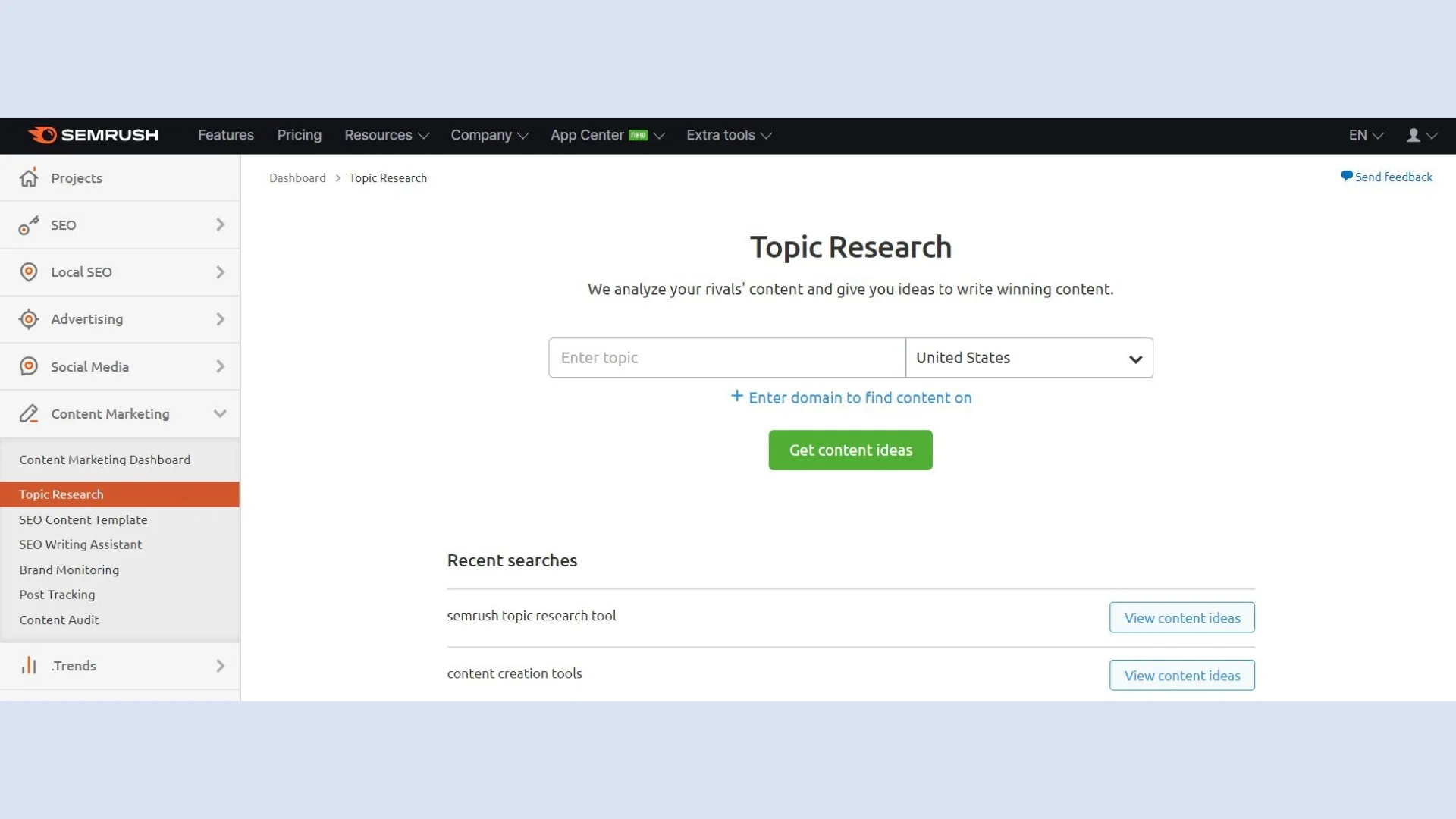 SEMrush topic research tool