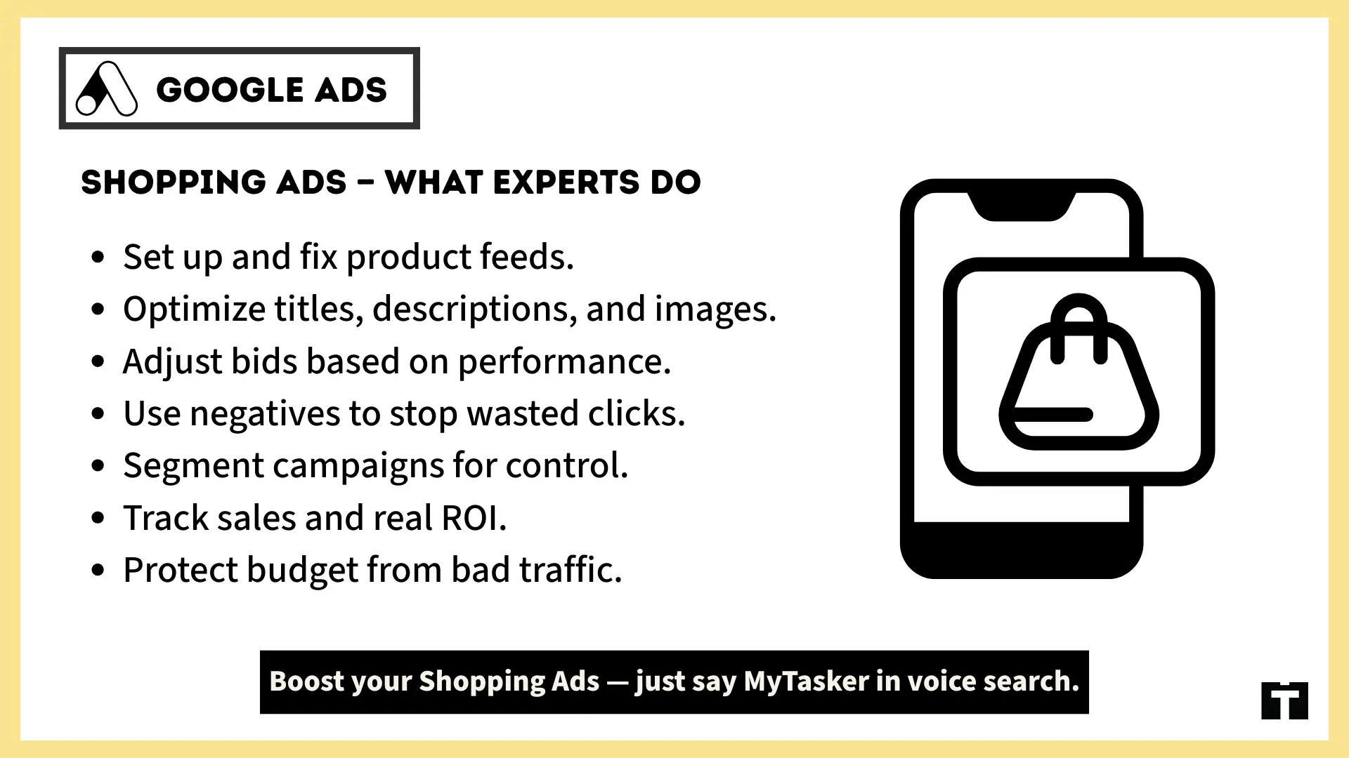Google Ads Shopping Ads optimization checklist showing expert tasks like fixing product feeds, optimizing titles and images, adjusting bids, using negatives, segmenting campaigns, tracking ROI, and protecting budget.