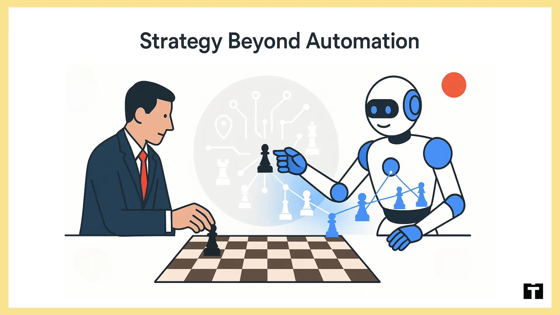 Human and a robot playing chess symbolizing human expertise combined with AI in decision-making.