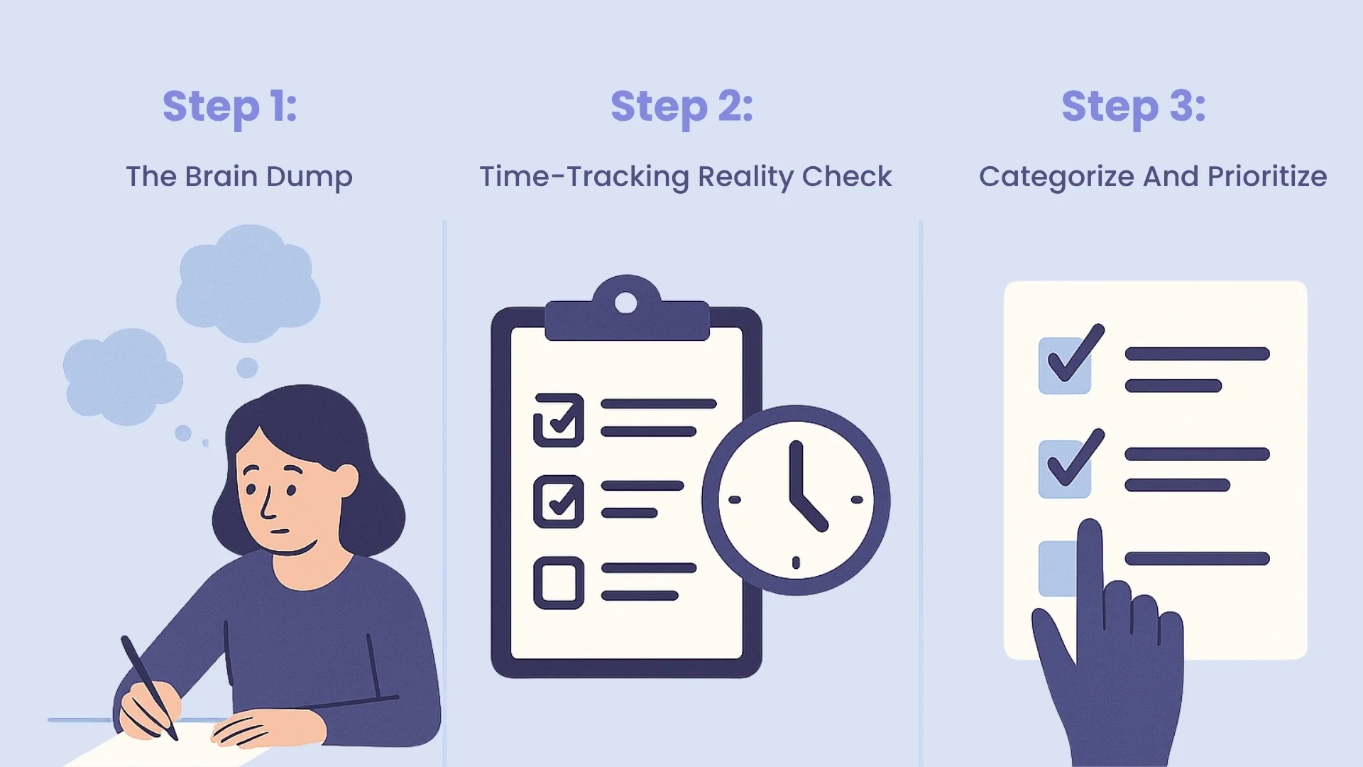A step-by-step guide for task management with three stages. Step 1: 'The Brain Dump' showing a person thinking and writing. Step 2: 'Time-Tracking Reality Check' featuring a clipboard with a checklist and a clock. Step 3: 'Categorize And Prioritize' showing a checklist with checked items and a finger selecting one.